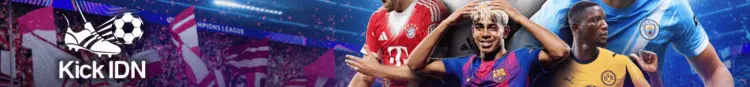 Banner Kick IDN menampilkan Lamine Yamal, pemain Bayern Munchen, Dortmund, dan Manchester City di stadion sepak bola.