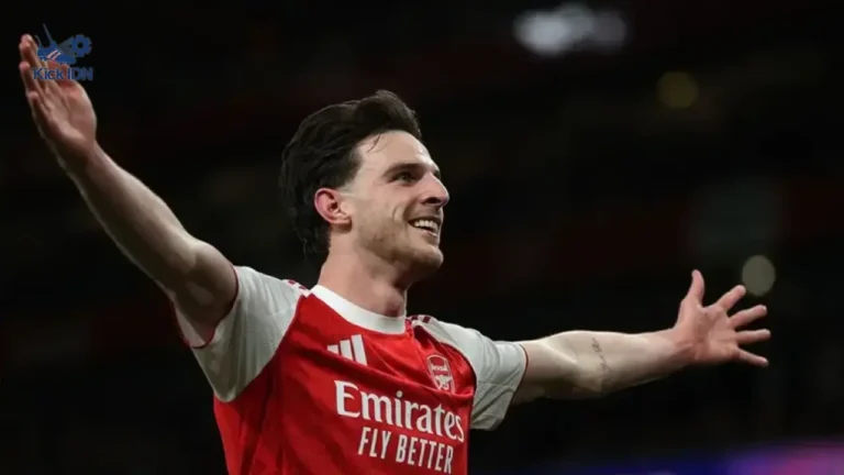 Declan Rice merayakan kemenangan Arsenal atas Atletico Madrid di semifinal Liga Champions 2026. KickIDN menganalisis statistik MOTM ini.