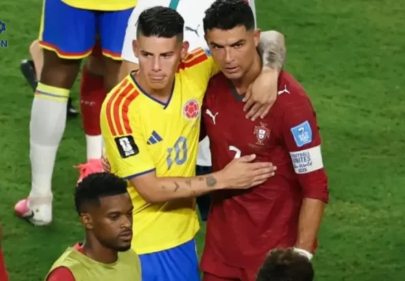 James Rodriguez berbincang dengan Cristiano Ronaldo di lorong stadion Miami usai laga Piala Dunia 2026