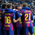 Para pemain Barcelona merayakan gol saat mengalahkan Racing Santander 7-2 di Spotify Camp Nou