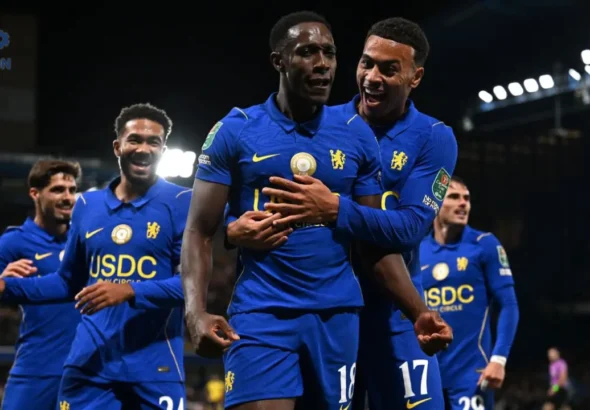 Selebrasi pemain Chelsea usai comeback fantastis lawan Leeds United di Carabao Cup, unggul 6-3 di Stamford Bridge.